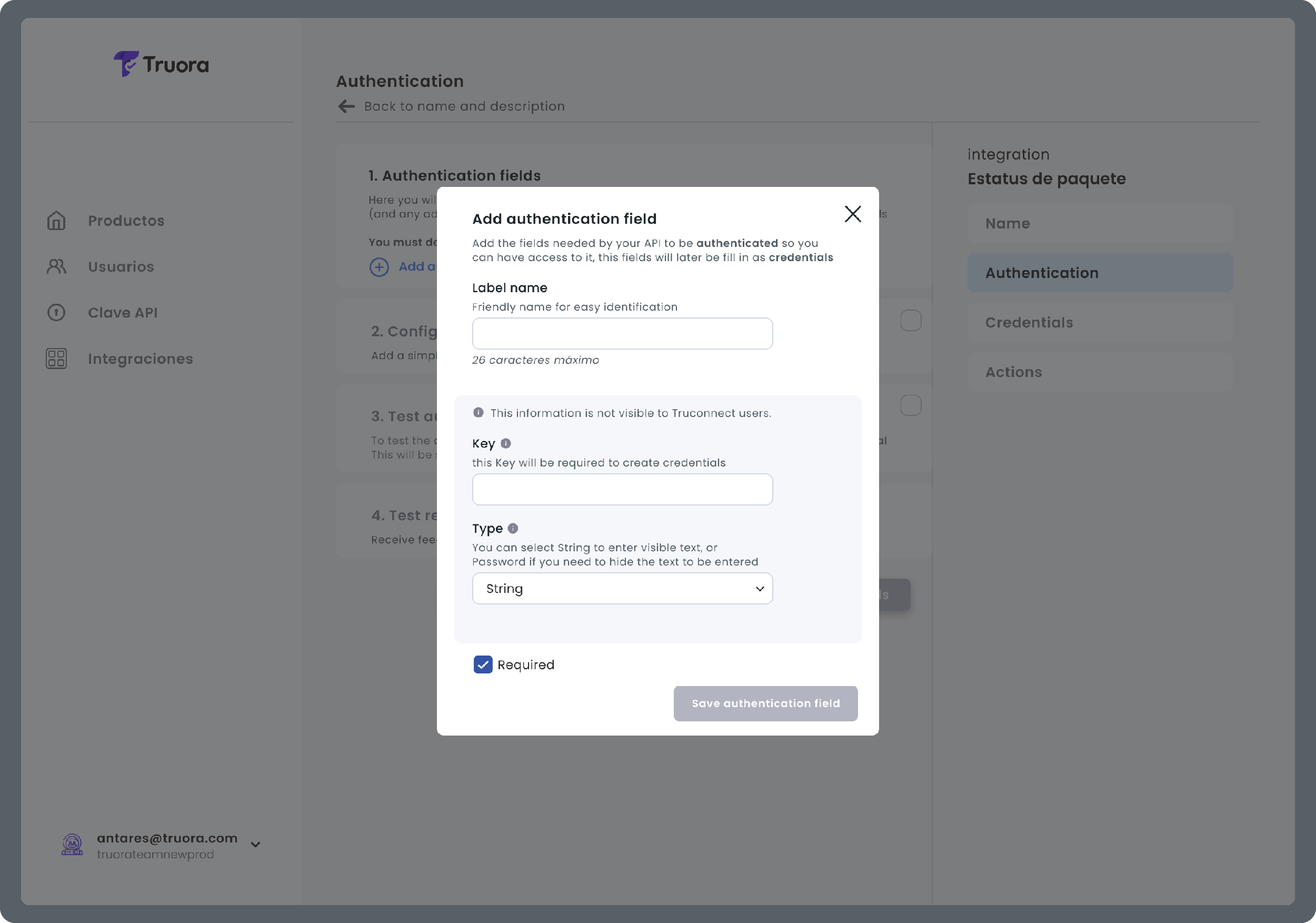 Modal Add authentication field con el campo Label name sin contexto adicional