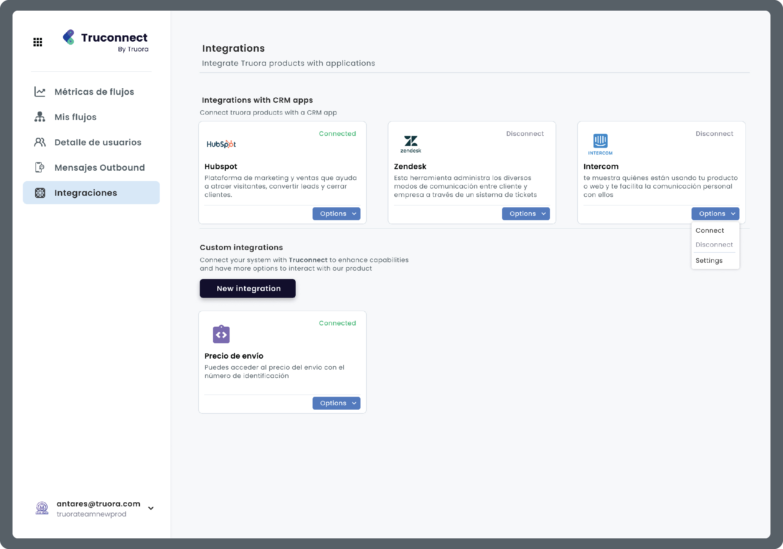 Pantalla de Integraciones en Truconnect, con integraciones CRM conectadas y la sección de integraciones personalizadas