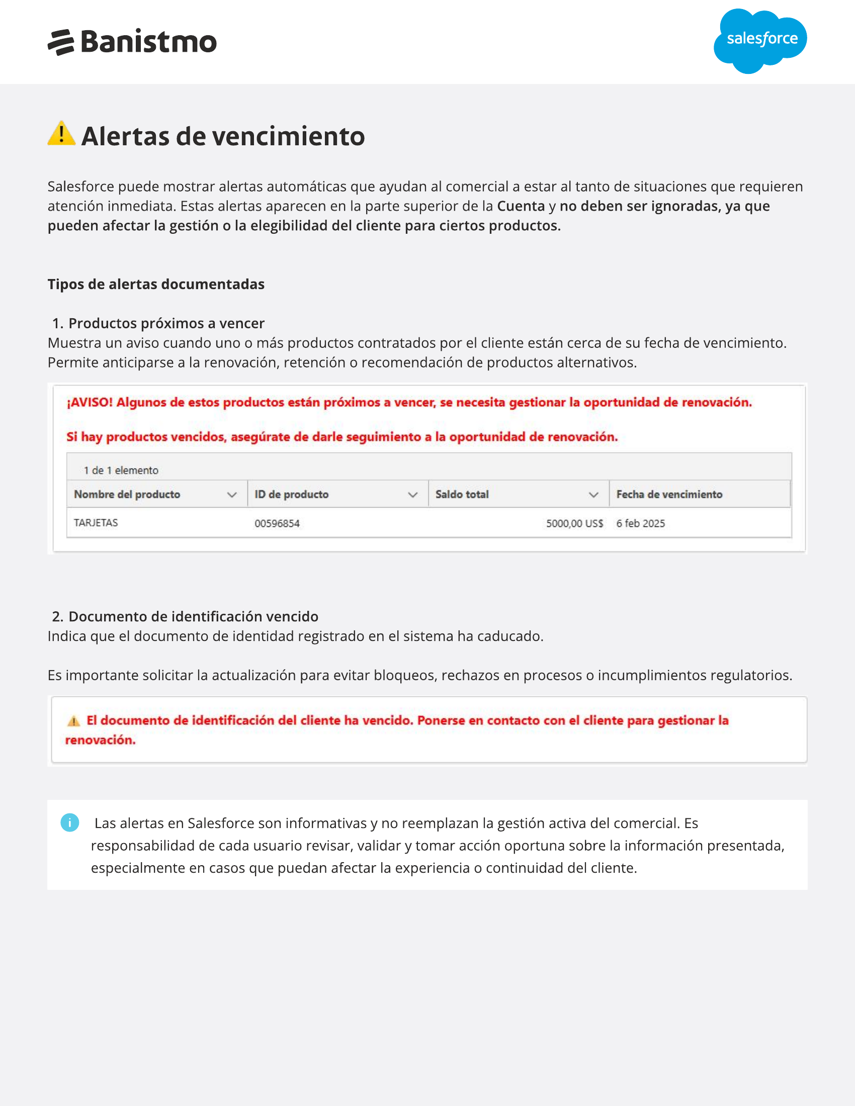 Alertas de vencimiento en Salesforce mostrando productos próximos a vencer y documentos de identificación vencidos