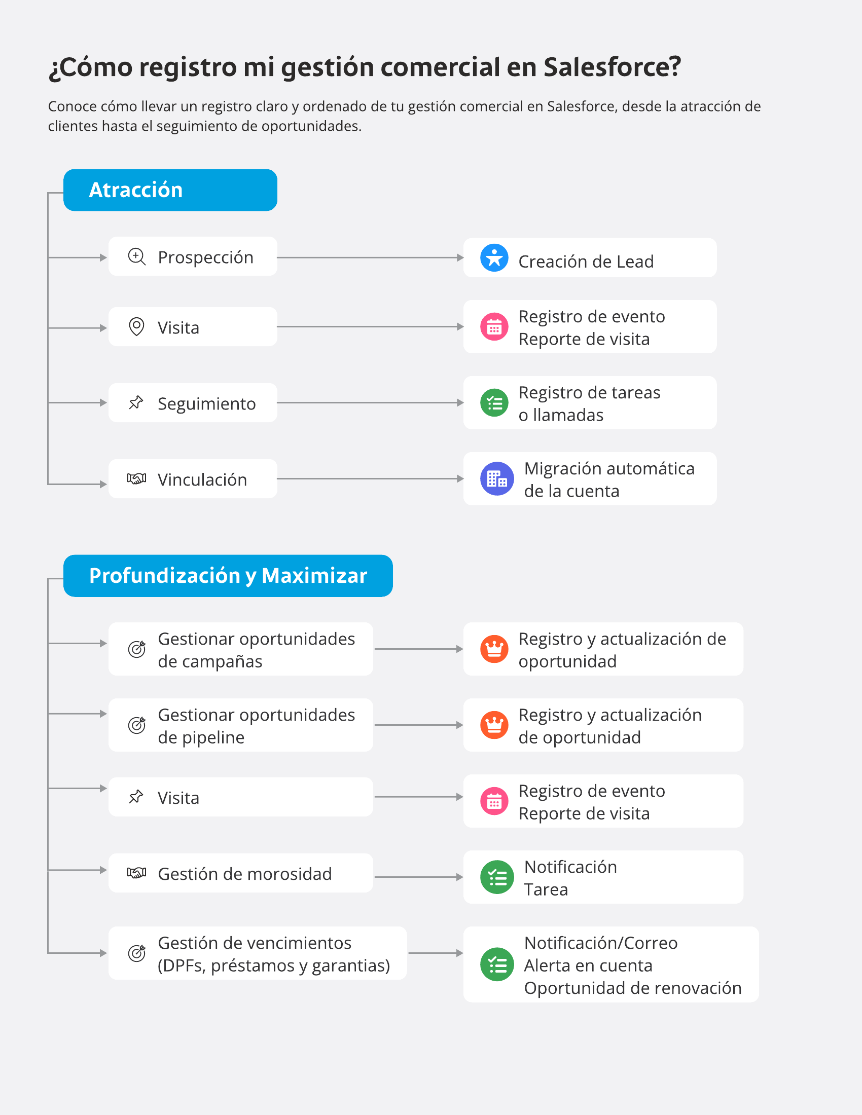 Mapa del proceso comercial de Banistmo mapeado a objetos y acciones de Salesforce, agrupado en Atracción y Profundización y Maximizar