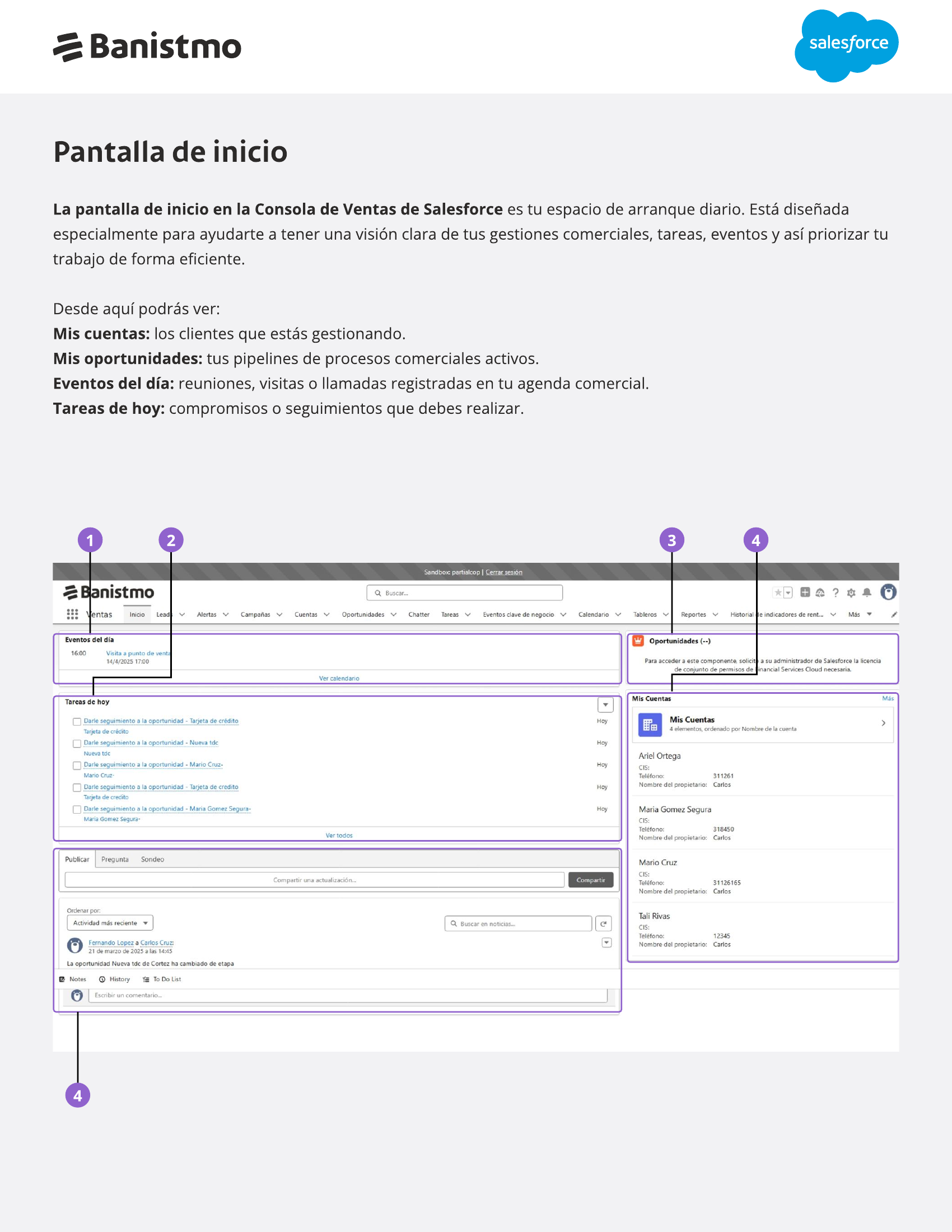 Pantalla de inicio de la Consola de Ventas de Salesforce en Banistmo, con eventos del día, tareas, oportunidades y cuentas