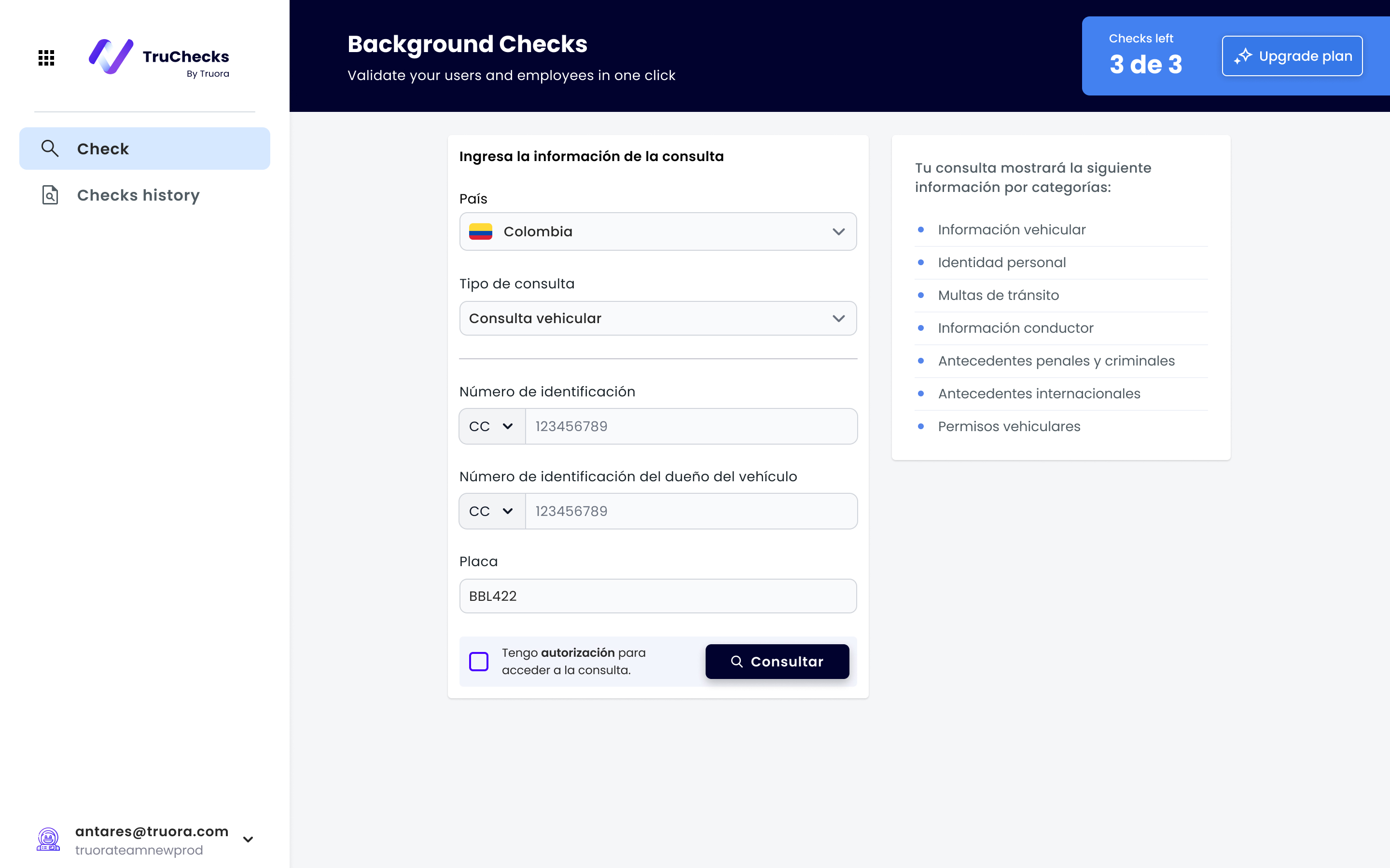 Ejemplo de consulta vehicular personalizada, con campos específicos (placa, cédula del dueño) y categorías de información relevantes a ese caso de uso