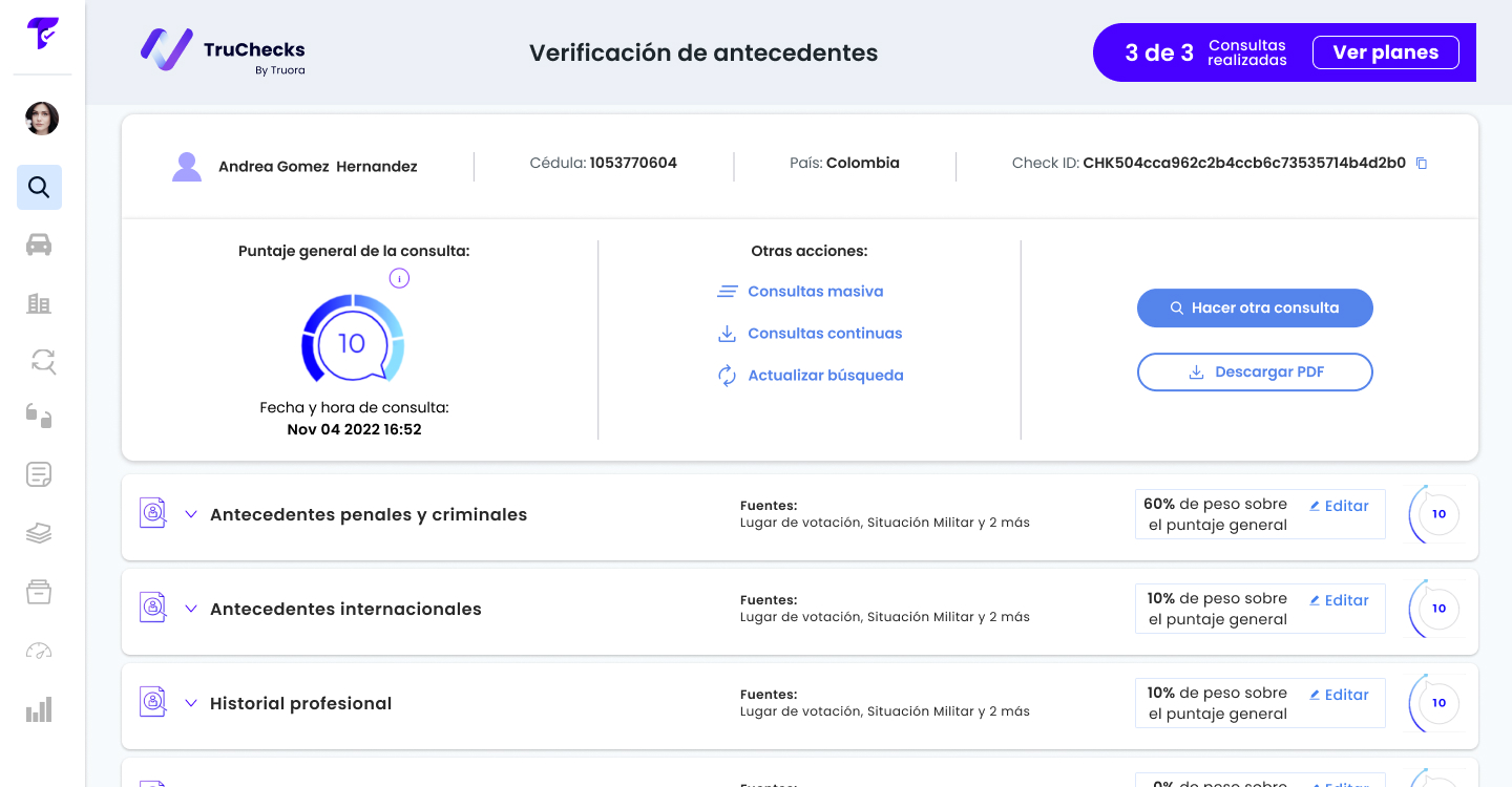 Pantalla anterior: puntaje general de 0 a 10 con pesos editables por fuente, sin significado accionable claro